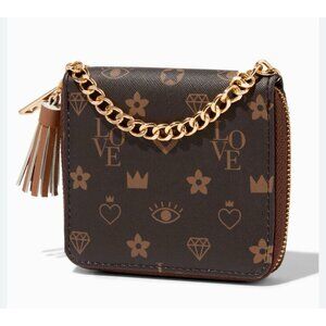 Claire’s Brown & Black Status Icons Zip Around Wallet With Gold Chain Strap New
